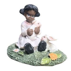 Vintage Ceramic Little Brown Girl With 2 Bunny Rabbits Figurine